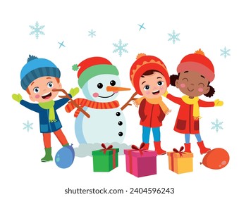 Merry Christmas and happy kids new year greeting card with cute Santa Claus little snowman with gifts.