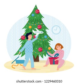 Merry Christmas. Happy kids unwrap christmas gifts. Decorated Christmas tree with lights, decoration balls and lamps. Vector illustration in flat and cartoon style 