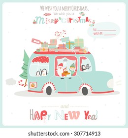 Merry Christmas and Happy New 2016 Year Card with Calligraphic and Typographic Wish and Happy Smiling Elves, Penguins and Santa riding in a car with gifts for children on White Background