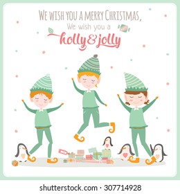 Merry Christmas and Happy New 2016 Year Calligraphic and Typographic Wish with Happy Smiling Elves, Penguins and Gifts from Santa on White Background. Greeting hand drawn holidays illustration card.