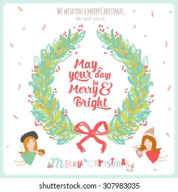 Merry Christmas and Happy New 2016 Year Calligraphic and Typographic Wish with Festive Wreath and Xmas Angels on White Background. Greeting hand drawn holidays illustration card.