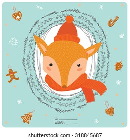 Merry Christmas and Happy New 2016 Year Card with Happy Smiling Xmas Fox in knitted hat and scarf in a circle wreathe of brunches on Blue Background. Greeting holidays card with sweets and candy.