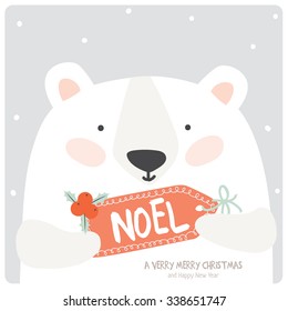 Merry Christmas and Happy New 2016 Year Card with Happy Smiling Xmas White Teddy with Greeting Noel Label on Grey Background. Greeting holidays lovely card.