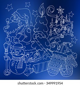 Merry Christmas and happy new 2016 year cartoon postcard. Outline red illustration on white background with Santa, tree, snowman, candies and holiday attributes
