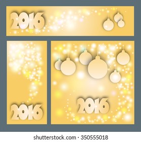 Merry Christmas and Happy New 2016 Year celebrations collection for flyer, banner, poster or invitation with text.Paper Origami card on gold background. Christmas message with lights and shining stars