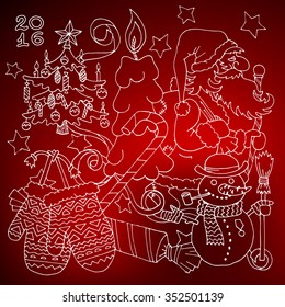 Merry Christmas and happy new 2016 year cartoon postcard. Outline red illustration on white background with Santa, tree, snowman, candies and holiday attributes
