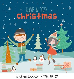 Merry Christmas and Happy New 2017 Year Calligraphic and Typographic Wish with Happy Smiling Jumping Kids, Penguins and Gifts from Santa on Winter Background. Cute holiday illustration in vector. 