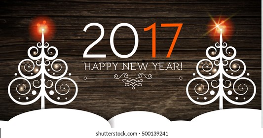 Merry Christmas and Happy New 2017 Year Design Template. Paper Christmas Trees with Light on Wood Texture. Vector illustration