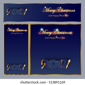 Merry Christmas and Happy New 2017 Year celebrations collection for flyer,banner, postcard,poster or invitation with text.Gold Inscription 2017 on dark blue background with place for text