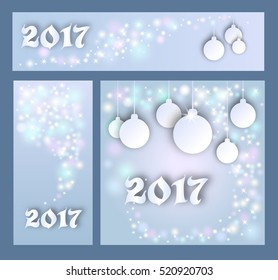 Merry Christmas and Happy New 2017 Year celebrations collection for flyer,banner, postcard, invitation with text.White Inscription 2017 on grey background with place for text 