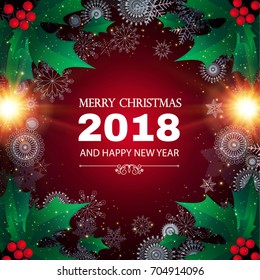 Merry Christmas and Happy New 2018 Year background with holly, snowflakes and colorful flash lights. Vector illustration