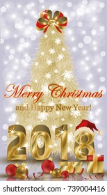 Merry Christmas and Happy New 2018 Year golden banner, vector illustration