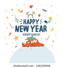 Merry Christmas And Happy New 2019 Year card with holiday lettering and traditional christmas elements. Cute illustration in scandinavian style. Vector backround.