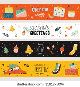 Merry Christmas And Happy New 2019 Year banners with holiday lettering and traditional christmas elements. Cute illustration in scandinavian style. Vector. Color backround.