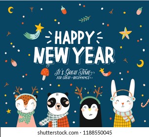 Merry Christmas And Happy New 2019 Year animal card with holiday lettering and traditional christmas elements. Cute illustration of funny animals in scandinavian style. Vector. Blue backround.