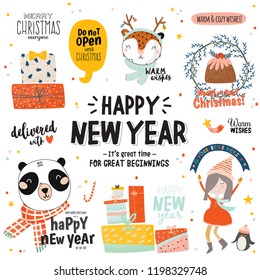 Merry Christmas And Happy New 2019 Year templates with holiday lettering and traditional christmas elements. Cute illustration in scandinavian style. Vector backround. 