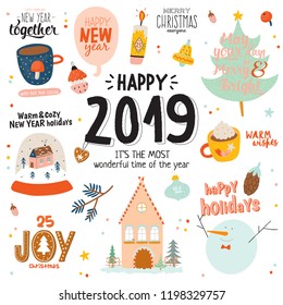 Merry Christmas And Happy New 2019 Year templates with holiday lettering and traditional christmas elements. Cute illustration in scandinavian style. Vector backround. 
