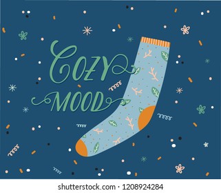 Merry Christmas And Happy New 2019 Year card template with holiday lettering and traditional christmas illustration. Cute elements in scandinavian style. Vector backround. 