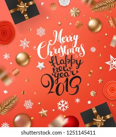 Merry Christmas and Happy New 2019 Year concept. Holiday greeting frame. Living Coral color background