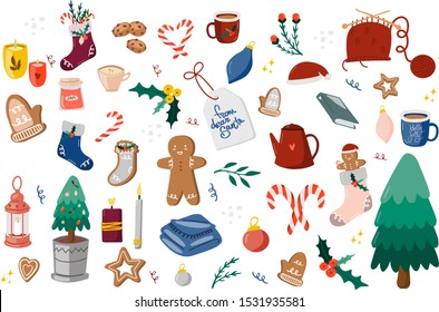 Fröhliche Weihnachten- und Glückwünsche Neue 2020-Jahres-Vorlagen mit traditionellen Weihnachtselementen. Große Vektorgrafik zu Weihnachten im skandinavischen Stil. Scrapbooking, Sticker, Planer.