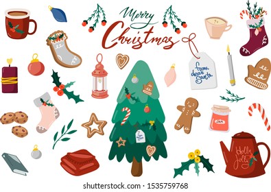 Fröhliche Weihnachten und Fröhliche Weihnachtsvorlagen 2020 mit Weihnachtsschreiben und traditionellen Weihnachtselementen. Große Vektorgrafik zu Weihnachten im skandinavischen Stil. Scrapbooking, Sticker, Planer.