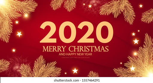 Merry Christmas and Happy New 2020 Year shining holiday background with lettering, gold fir tree branches, stars and lights.