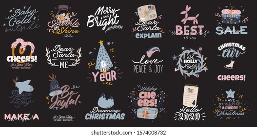 Merry Christmas or Happy New 2020 Year illustration with holiday lettering and traditional winter element. Cute prints in scandinavian style. Good for label, banner, tags or stickers . Vector isolated