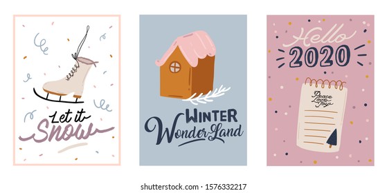 Merry Christmas or Happy New 2020 Year cards with holiday lettering and traditional winter element. Cute illustration in scandinavian style. Good for label, banner, tags or stickers . Vector isolated