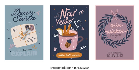 Merry Christmas or Happy New 2020 Year cards with holiday lettering and traditional winter element. Cute illustration in scandinavian style. Good for label, banner, tags or stickers . Vector isolated