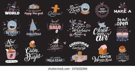 Merry Christmas or Happy New 2020 Year illustration with holiday lettering and traditional winter element. Cute prints in scandinavian style. Good for label, banner, tags or stickers . Vector isolated