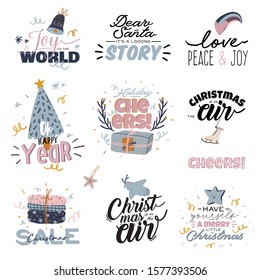 Merry Christmas or Happy New 2020 Year illustration with holiday lettering and traditional winter element. Cute prints in scandinavian style. Good for label, banner, tags or stickers . Vector isolated