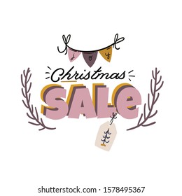 Merry Christmas or Happy New 2020 Year illustration with holiday lettering and traditional winter element. Cute prints in scandinavian style. Good for label, banner, tags or stickers . Vector isolated