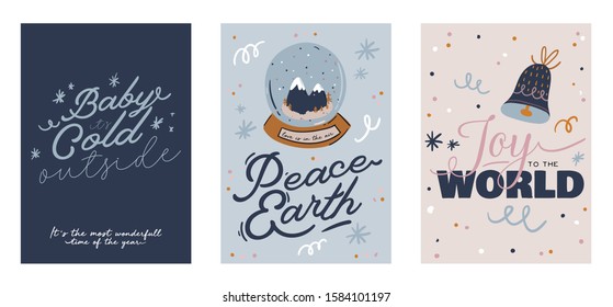 Merry Christmas or Happy New 2020 Year cards with holiday lettering and traditional winter element. Cute illustration in scandinavian style. Good for label, banner, tags or stickers . Vector isolated