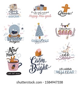 Merry Christmas or Happy New 2020 Year illustration with holiday lettering and traditional winter element. Cute prints in scandinavian style. Good for label, banner, tags or stickers . Vector isolated