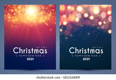 Merry Christmas and Happy New 2021 Year Poster Design Template Set. Elegant New Year Decoration with Bokeh Effect and Shining Lights.