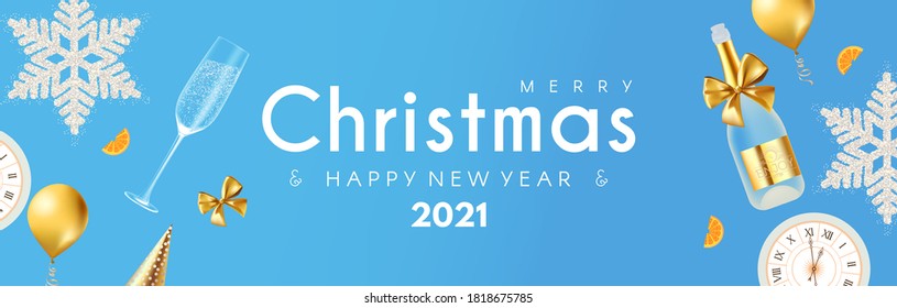 Merry Christmas and Happy New 2021 Year poster template with 3D realistic champagne glasses, snowflakes, clock and balls. Holiday header design.