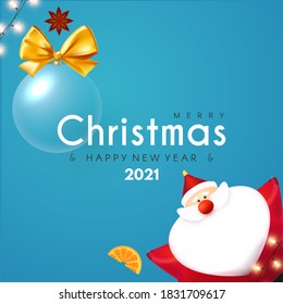 Merry Christmas and Happy New 2021 Year design template with 3D elements: Santa Claus, gifts, snowflakes and balls.