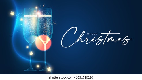 Merry Christmas and Happy New 2021 Year background with champagne glasses, lights and bokeh effect.