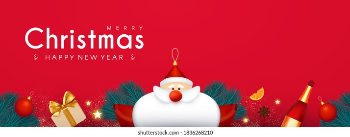 Merry Christmas and Happy New 2021 Year design template with 3D elements: Santa Claus, gifts, fir tree and balls.