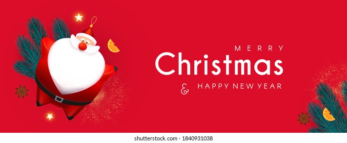 Merry Christmas and Happy New 2021 Year design template with 3D elements: Santa Claus, gifts, fir tree and balls.