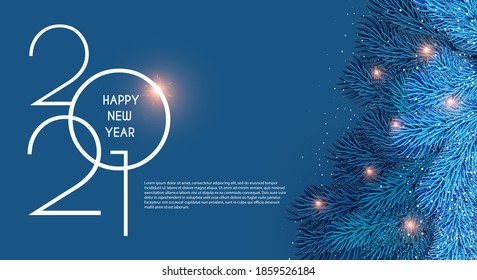 Merry Christmas And Happy New 2021 Year Holiday Background With Fir Tree Branches And Lights.