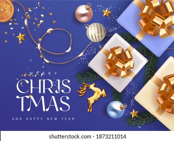 Merry Christmas and Happy New 2021 Year deep blue cyan Holiday background with gift boxes with gold ribbon fir tree branches, christmass balls, gold deer and lights. Festive Xmas decoration in blue