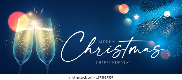 Merry Christmas and Happy New 2021 Year background with champagne glasses, fir tree branches, lights and bokeh effect.