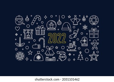 Merry Christmas and Happy New 2022 Year vector horizontal concept outline illustration or banner