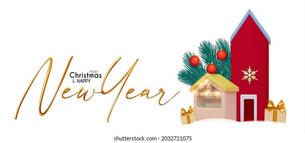 Merry Christmas and Happy New 2022 Year celebration with 3D cute house, market stall. fir tree branch and gift box.
