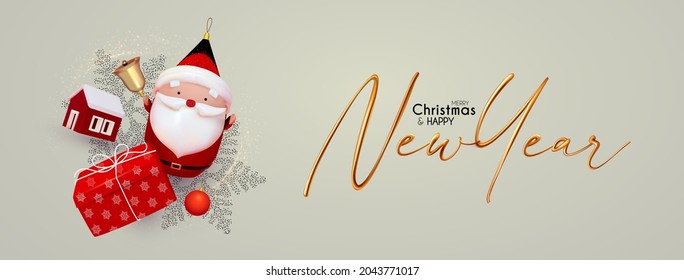 Merry Christmas and Happy New 2022 Year celebration with 3D Santa Claus character, cute house, golden bell and gift box.