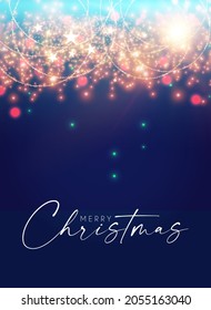Merry Christmas and Happy New 2022 Year Shining Background. Elegant New Year Decoration with Stars, Bokeh Effect, Gold Garlands and Shining Lights.