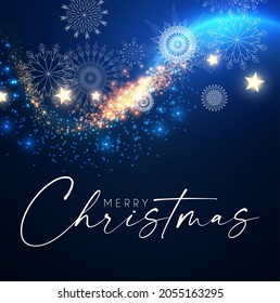 Merry Christmas and Happy New 2022 Year Shining Background. Elegant New Year Decoration with Snowflakess, Bokeh Effect and Shining Lights.