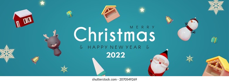 Merry Christmas and Happy New 2022 Year header design with 3D Santa Claus character, snowman, deer, market stalls, golden bell and gift box.