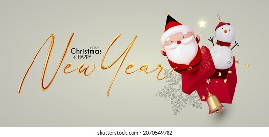 Merry Christmas and Happy New 2022 Year celebration with 3D Santa Claus character, golden bell and gift box.